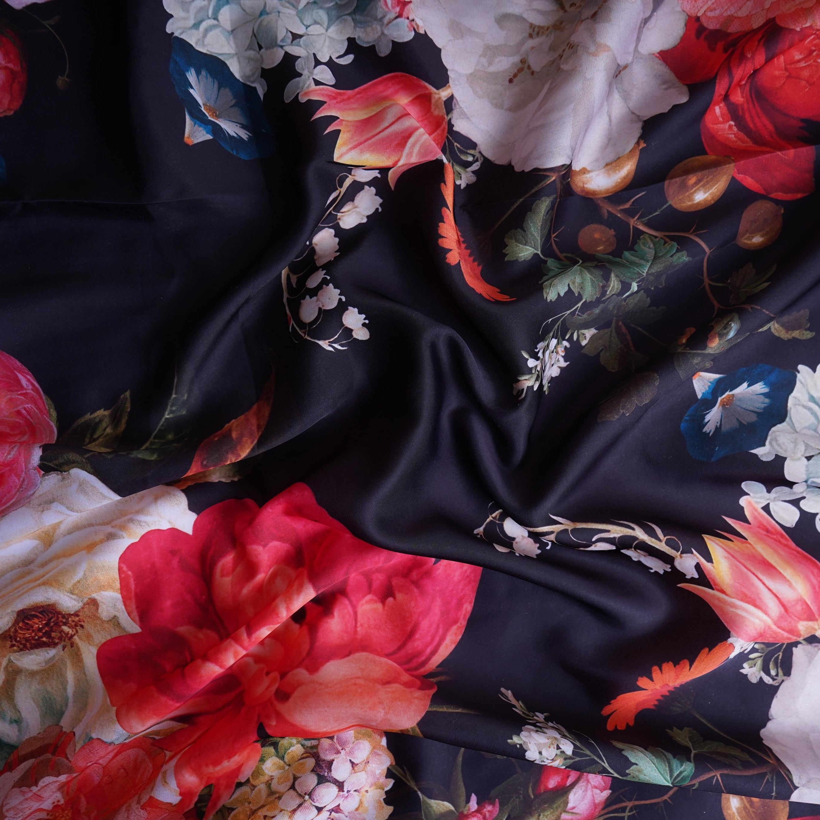 Black floral print Modal Silk Fabric MTFG-31078 - TradeUNO