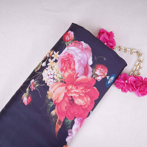 Black floral print Modal Silk Fabric MTFG-31078