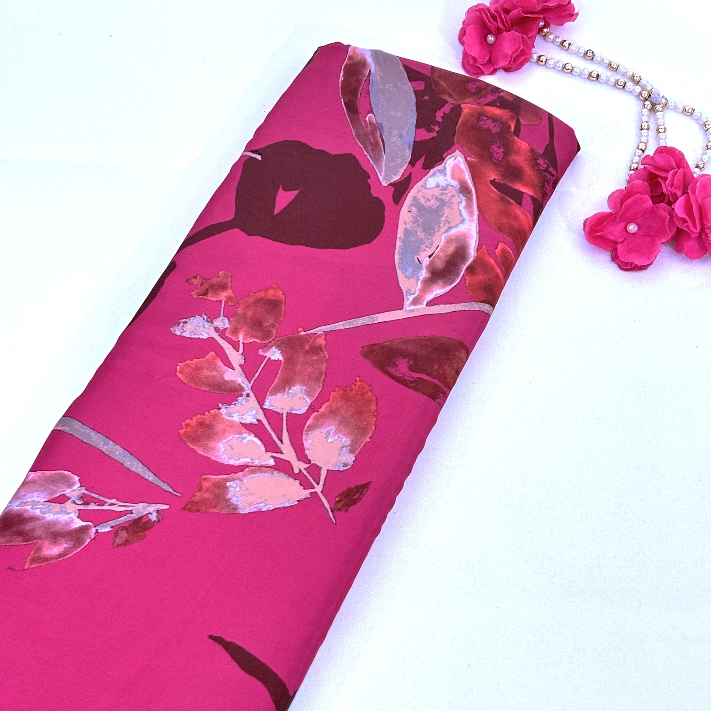 Magenta Pink floral print Modal Silk Fabric MTFG-31079 - TradeUNO