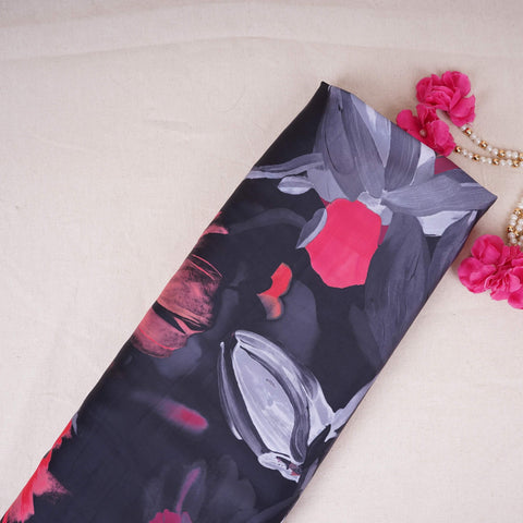 Black with Pink floral print Modal Silk Fabric MTFG-31084