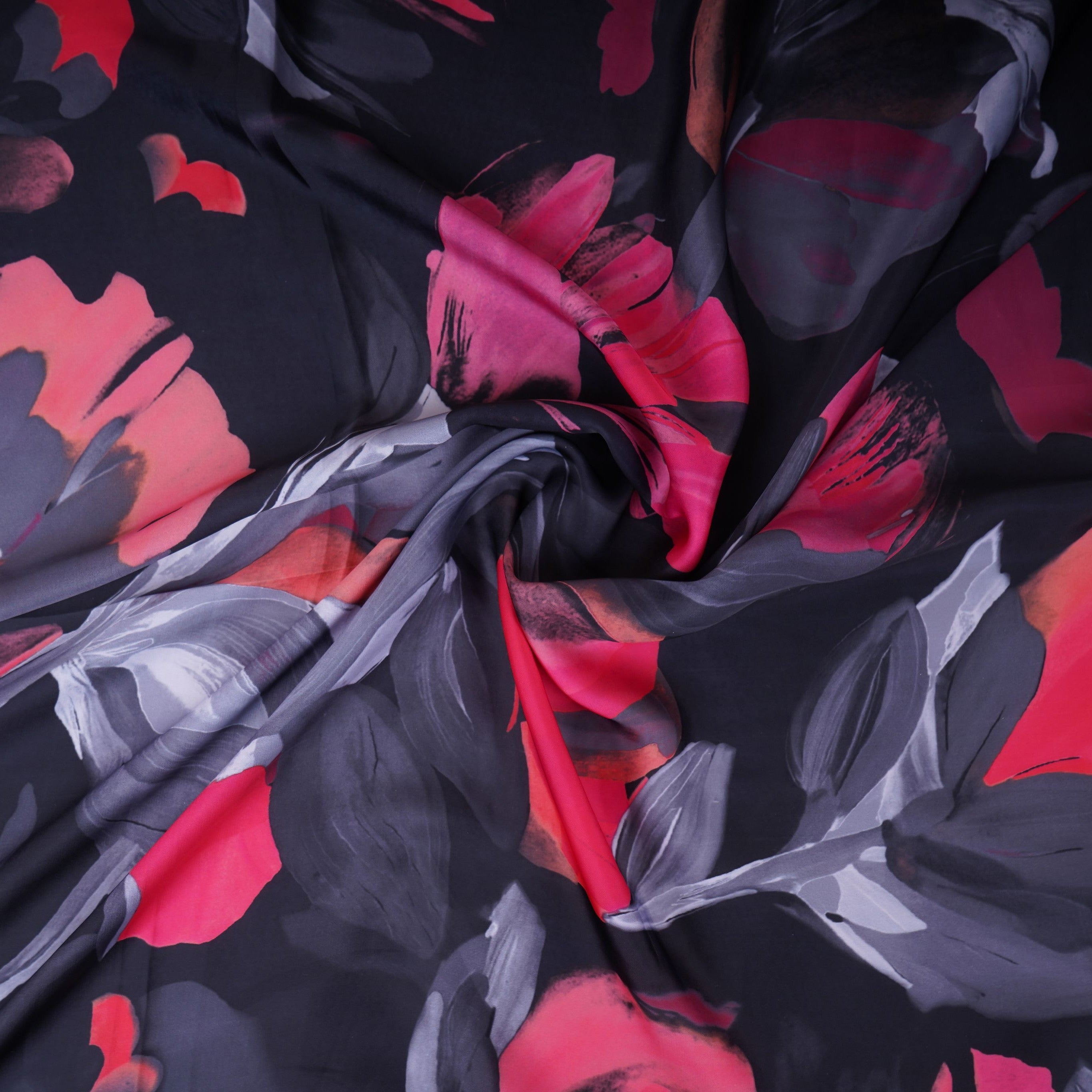 Black with Pink floral print Modal Silk Fabric MTFG-31084 - TradeUNO