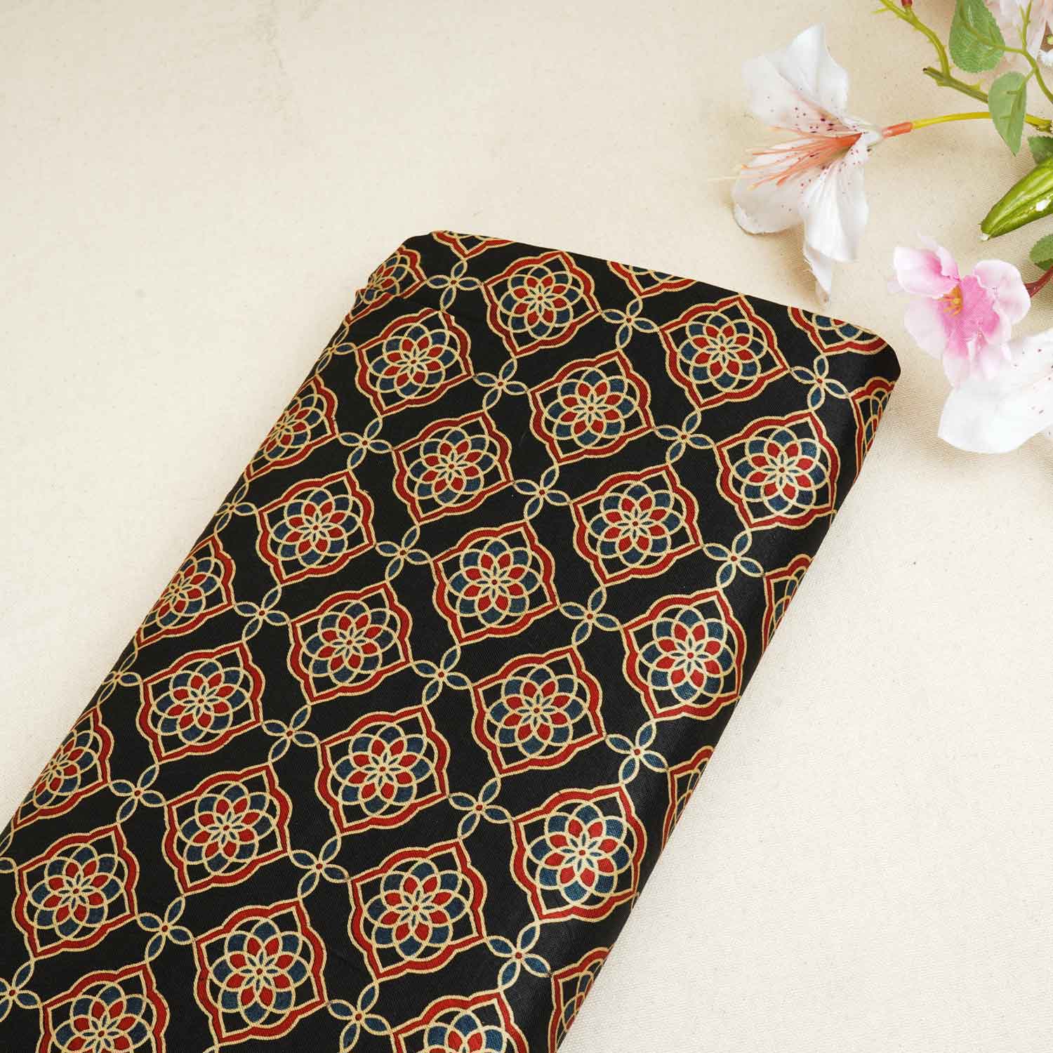 Black Floral Print Mashru Silk Fabric EEG-28312 - TradeUNO