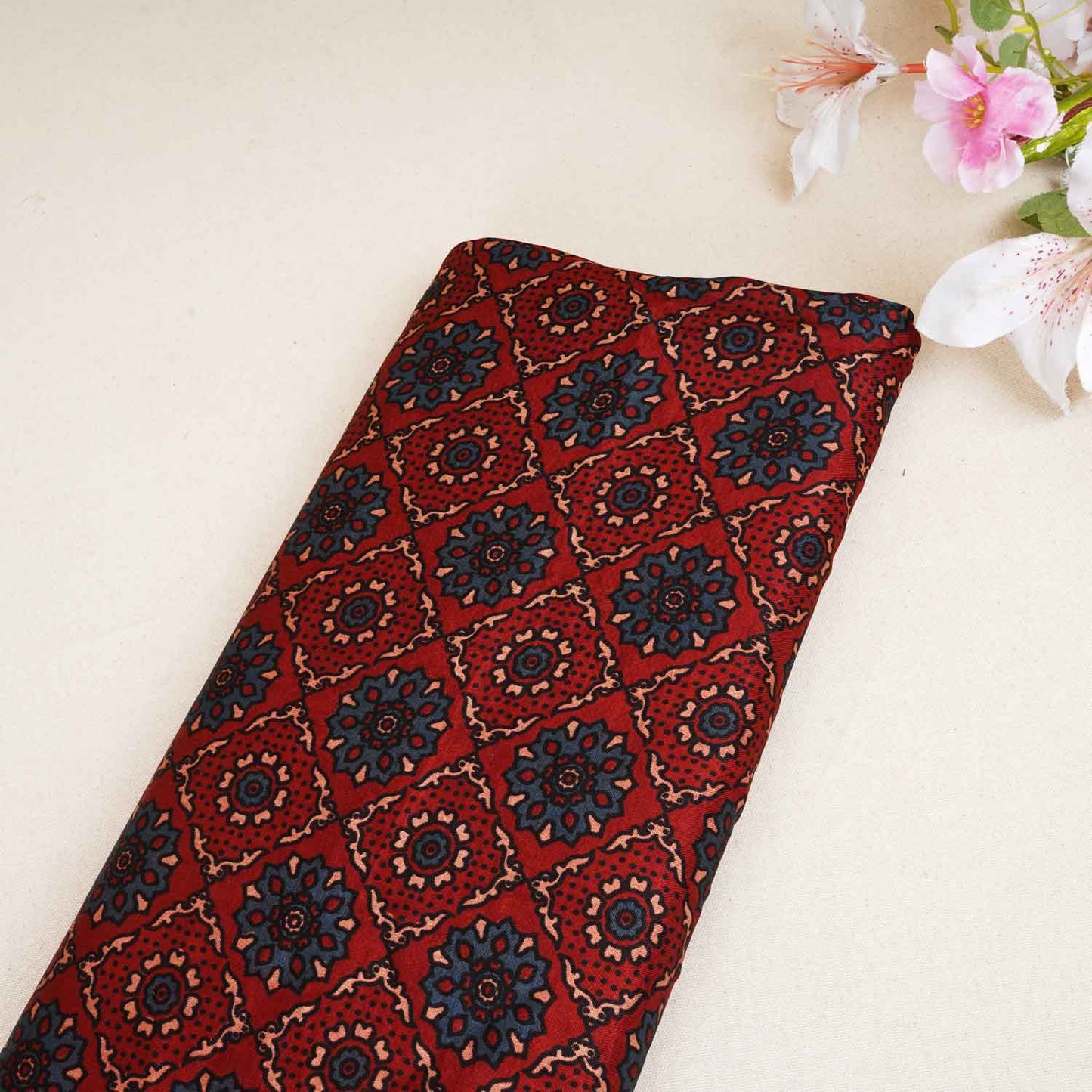 Red Ajrakh Print Mashru Silk Fabric EEG-28313