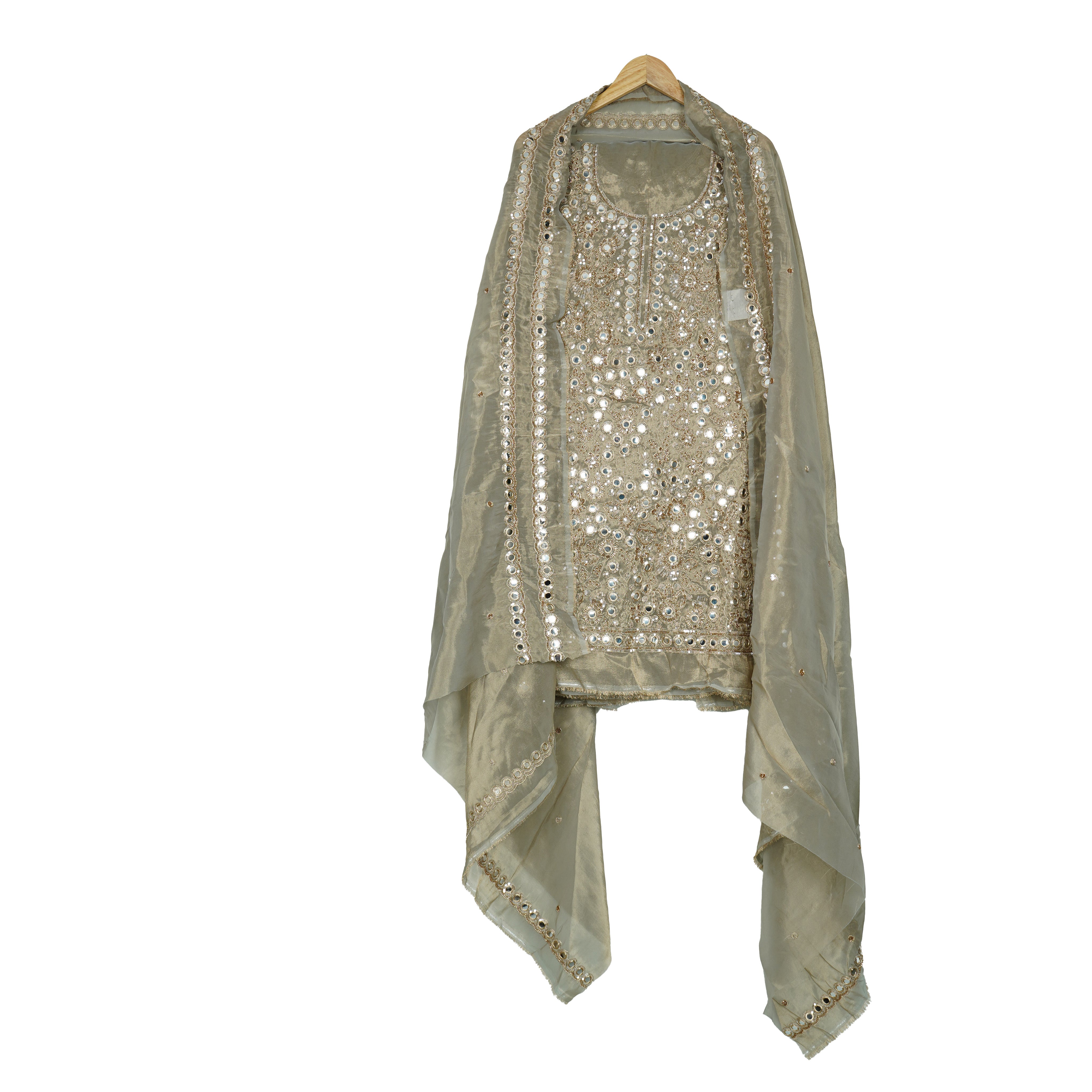 Grey Mirror embroidery Pure Kanjivaram Silk Suit Set Dupatta TF-31365