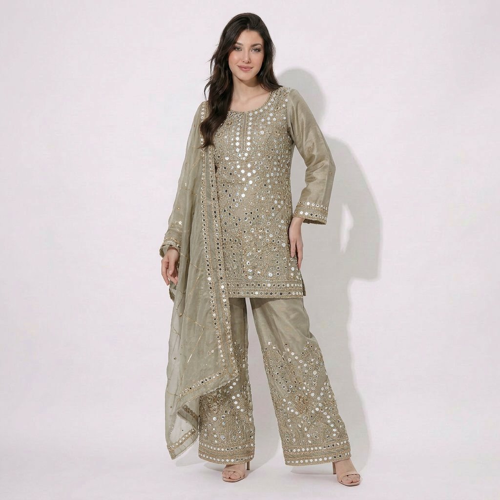 Grey Mirror embroidery Pure Kanjivaram Silk Suit Set Dupatta TF-31365