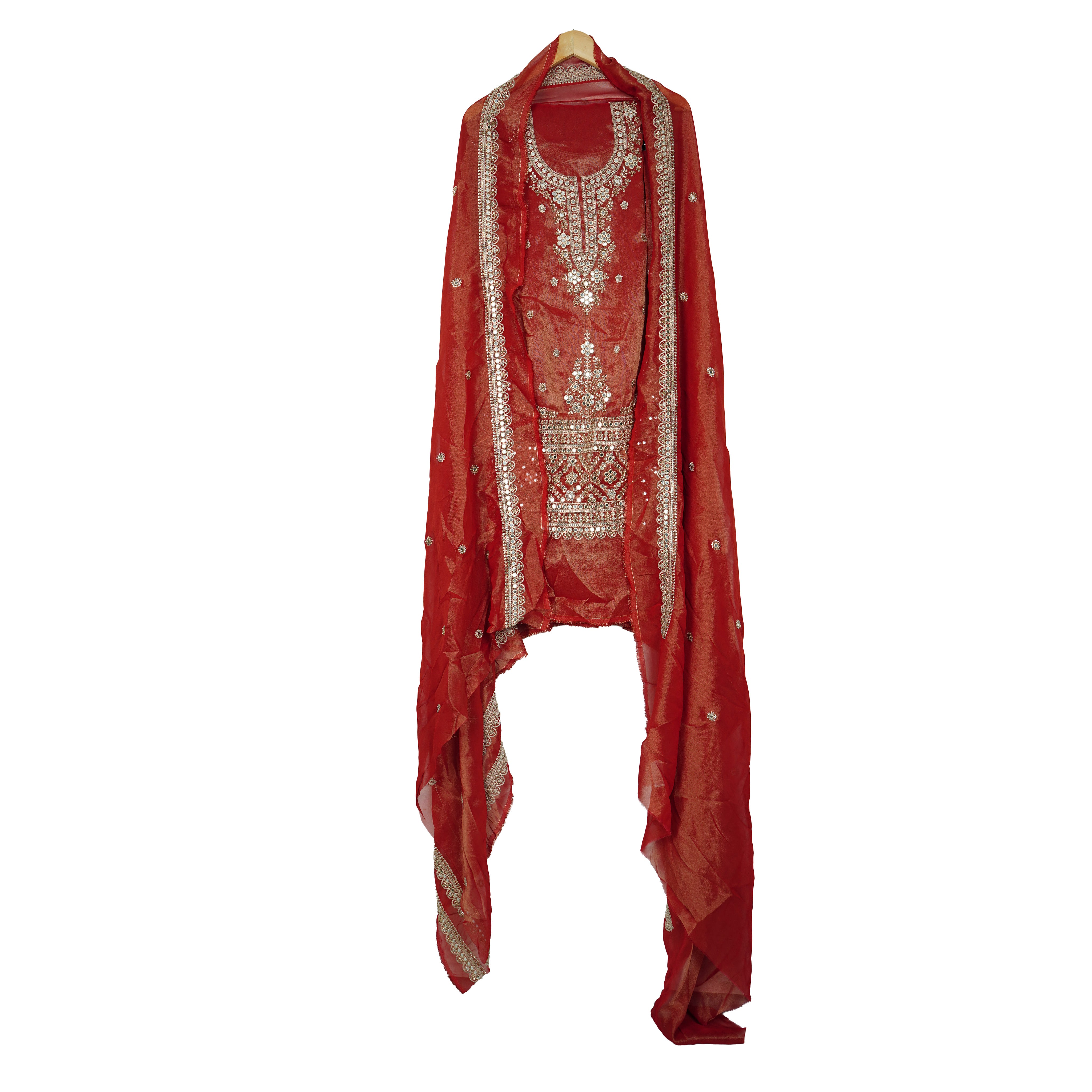 Red Mirror embroidery Pure Georgette Tissue Suit Set Dupatta TF-31366