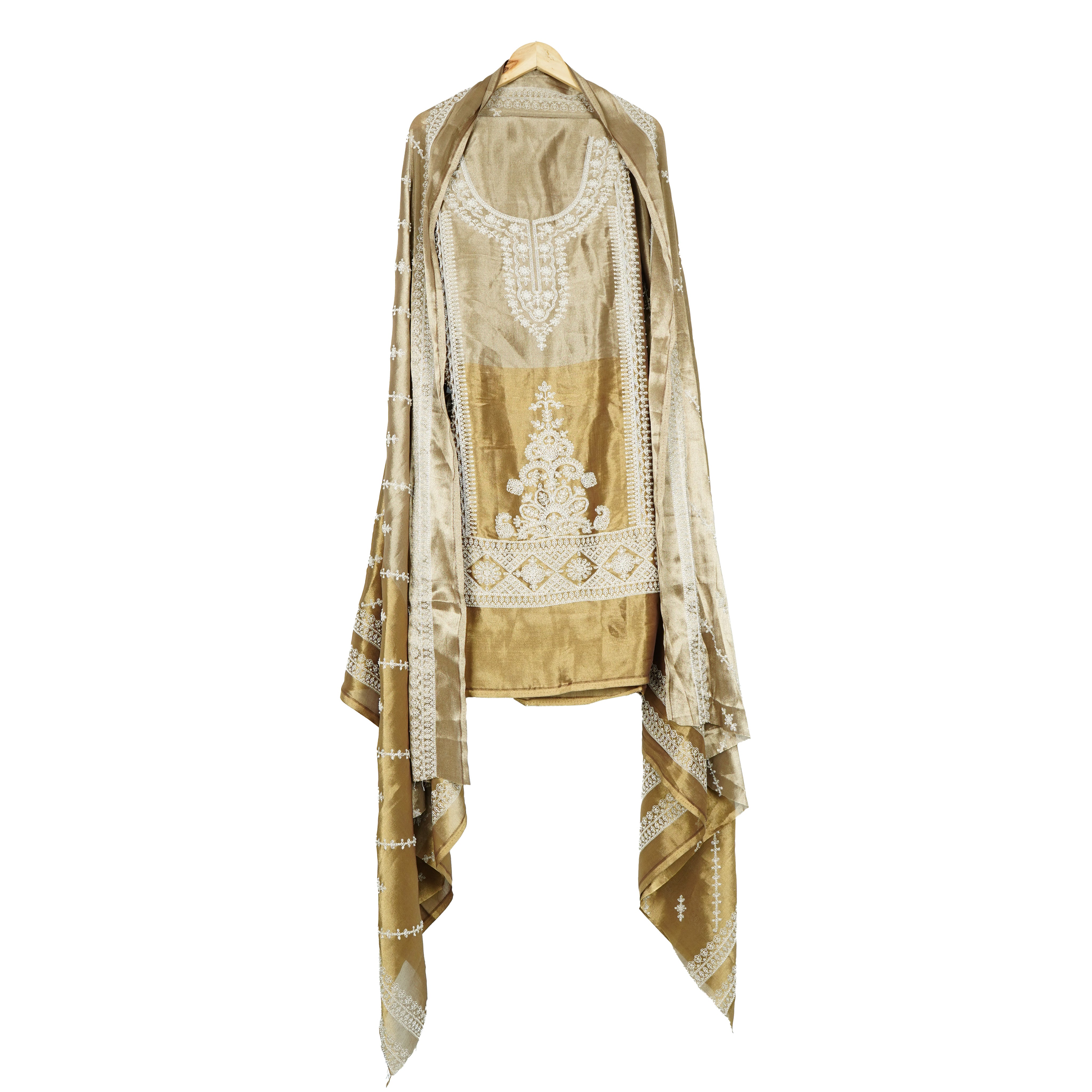 Dark Golden cutdana thread embroidery Pure Tissue Suit Set Dupatta TF-31367