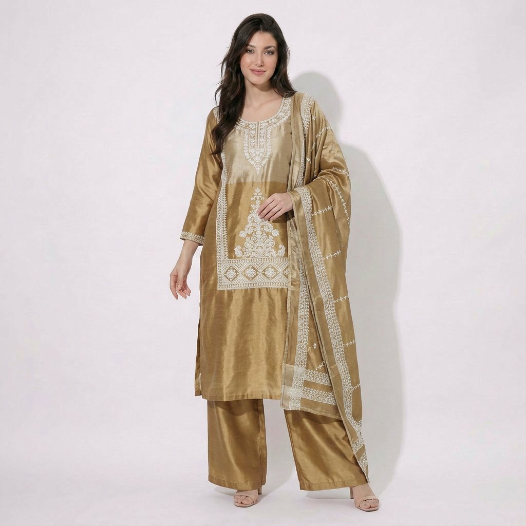 Dark Golden cutdana thread embroidery Pure Tissue Suit Set Dupatta TF-31367