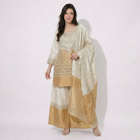 Golden with Copper Gold cutdana embroidery Pure Tissue Suit Set Dupatta TF-31368