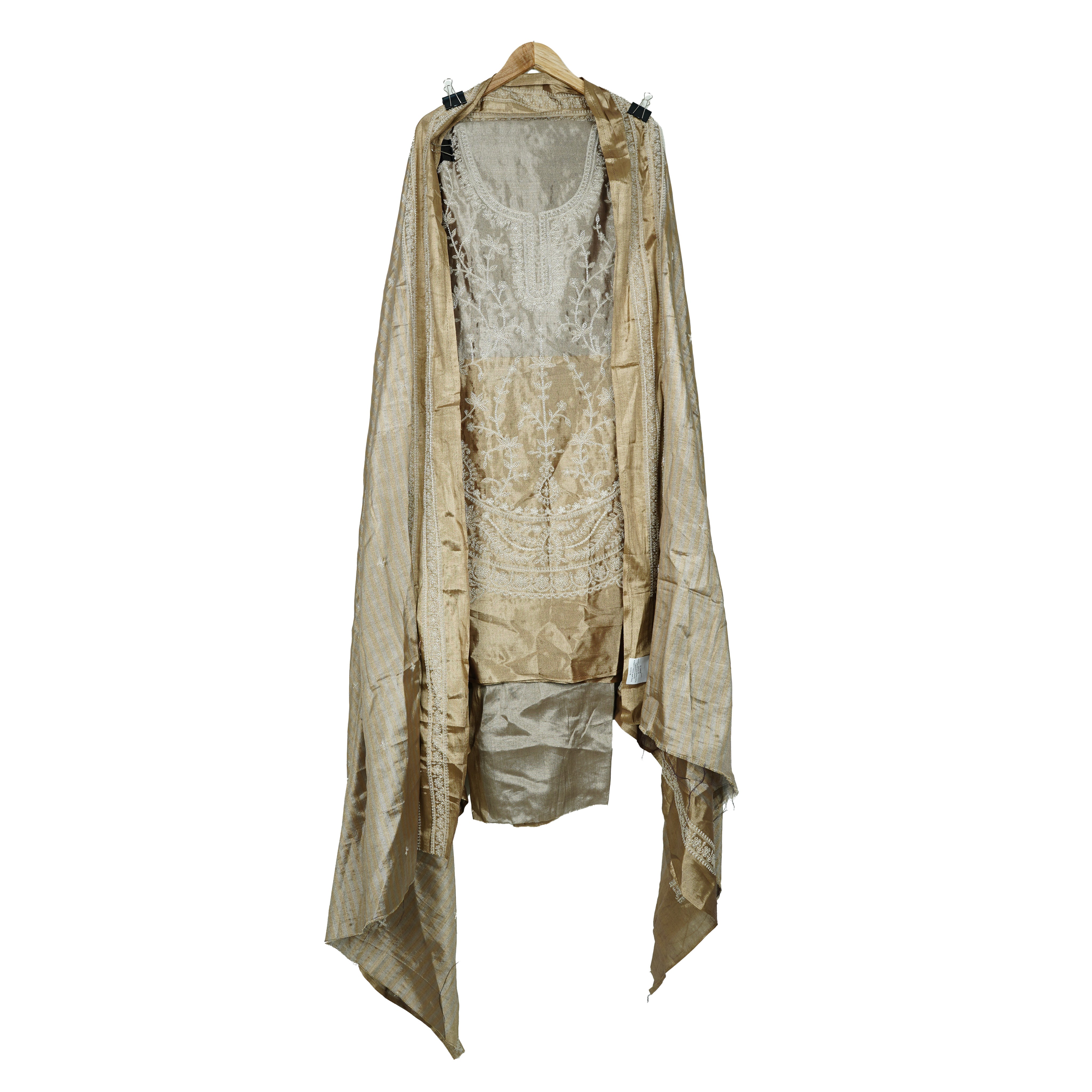 Grey with Golden cutdana thread embroidery Pure Tissue Suit Set Dupatta TF-31369
