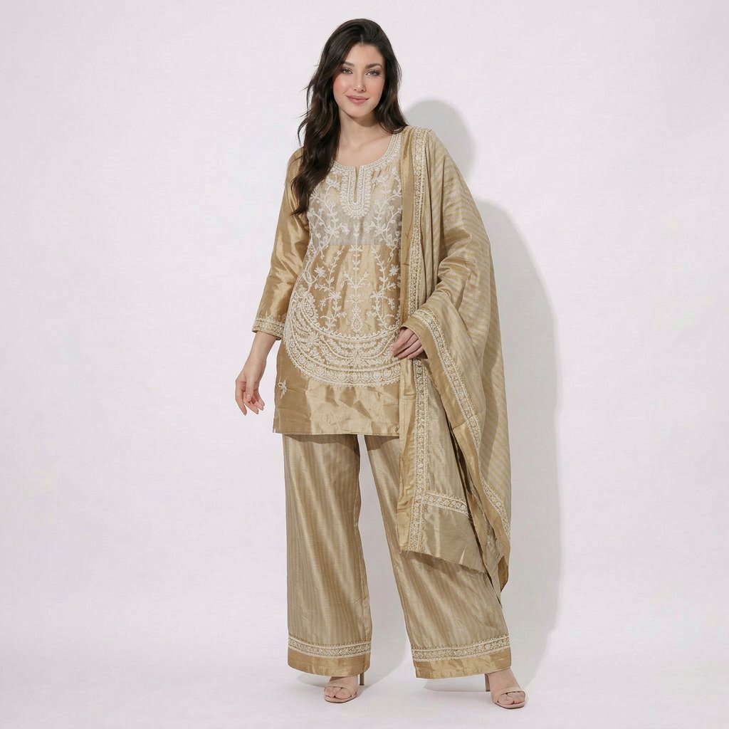 Grey with Golden cutdana thread embroidery Pure Tissue Suit Set Dupatta TF-31369