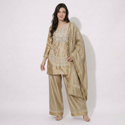 Grey with Golden cutdana thread embroidery Pure Tissue Suit Set Dupatta TF-31369