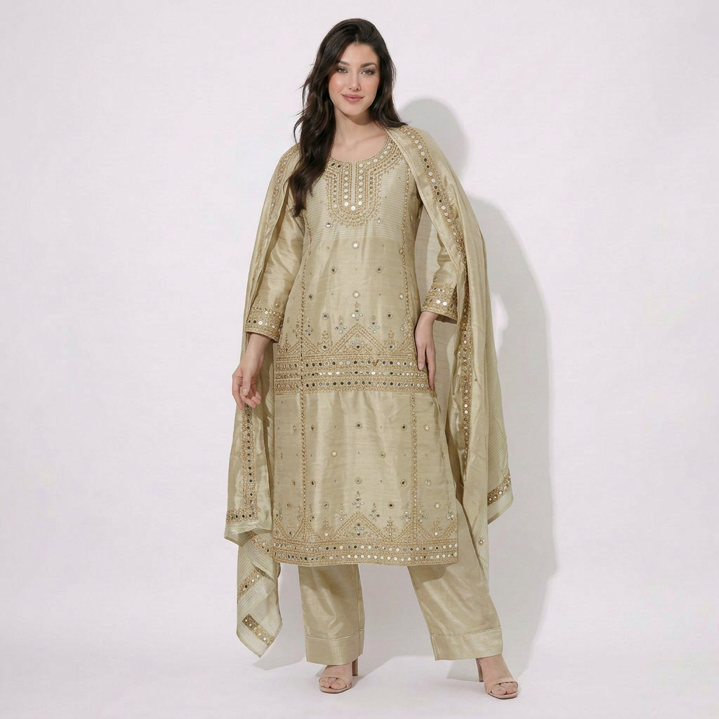 Golden mirror work Pure Tissue Suit Set Dupatta TF-31371