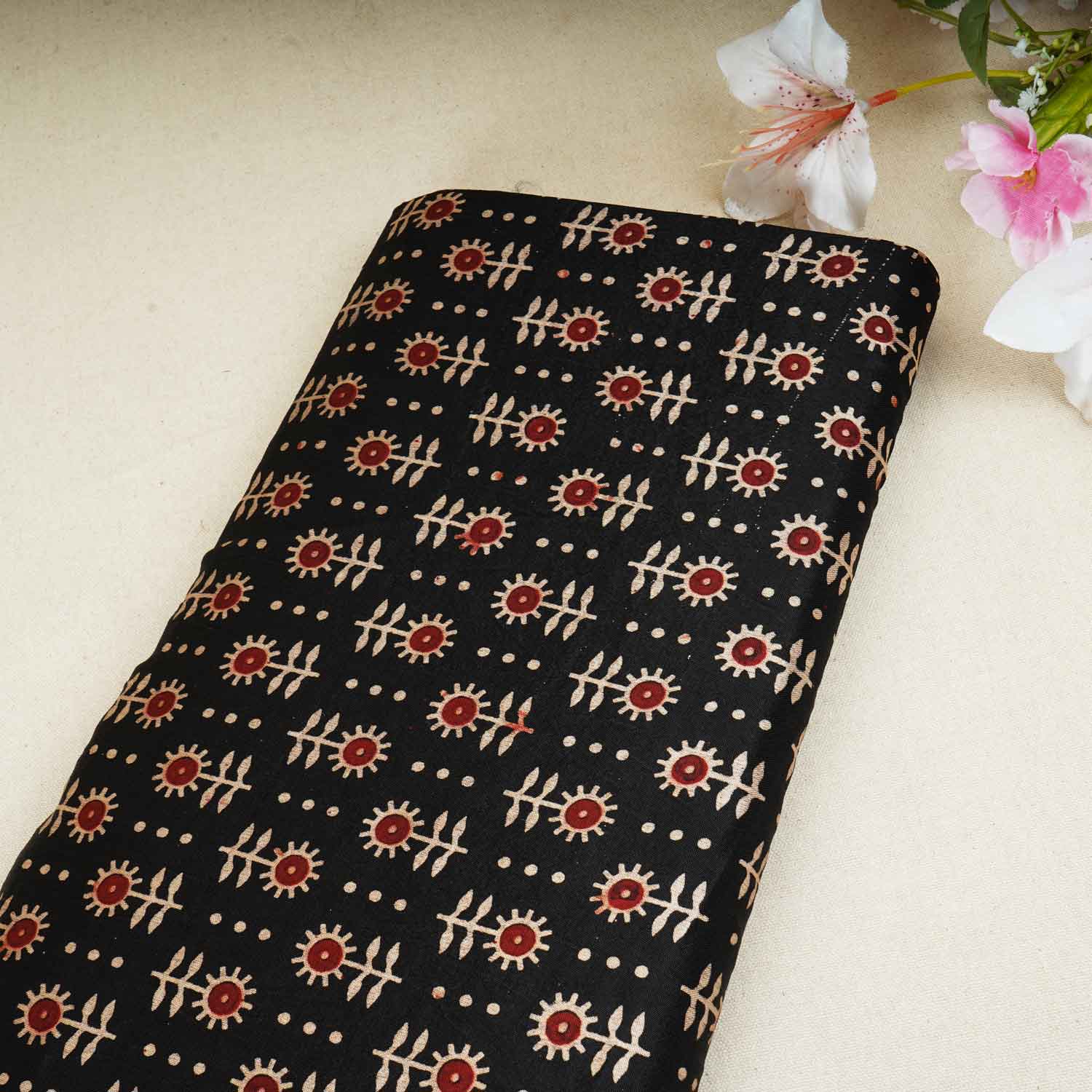 Black Floral Print Mashru Silk Fabric EEG-28314 - TradeUNO