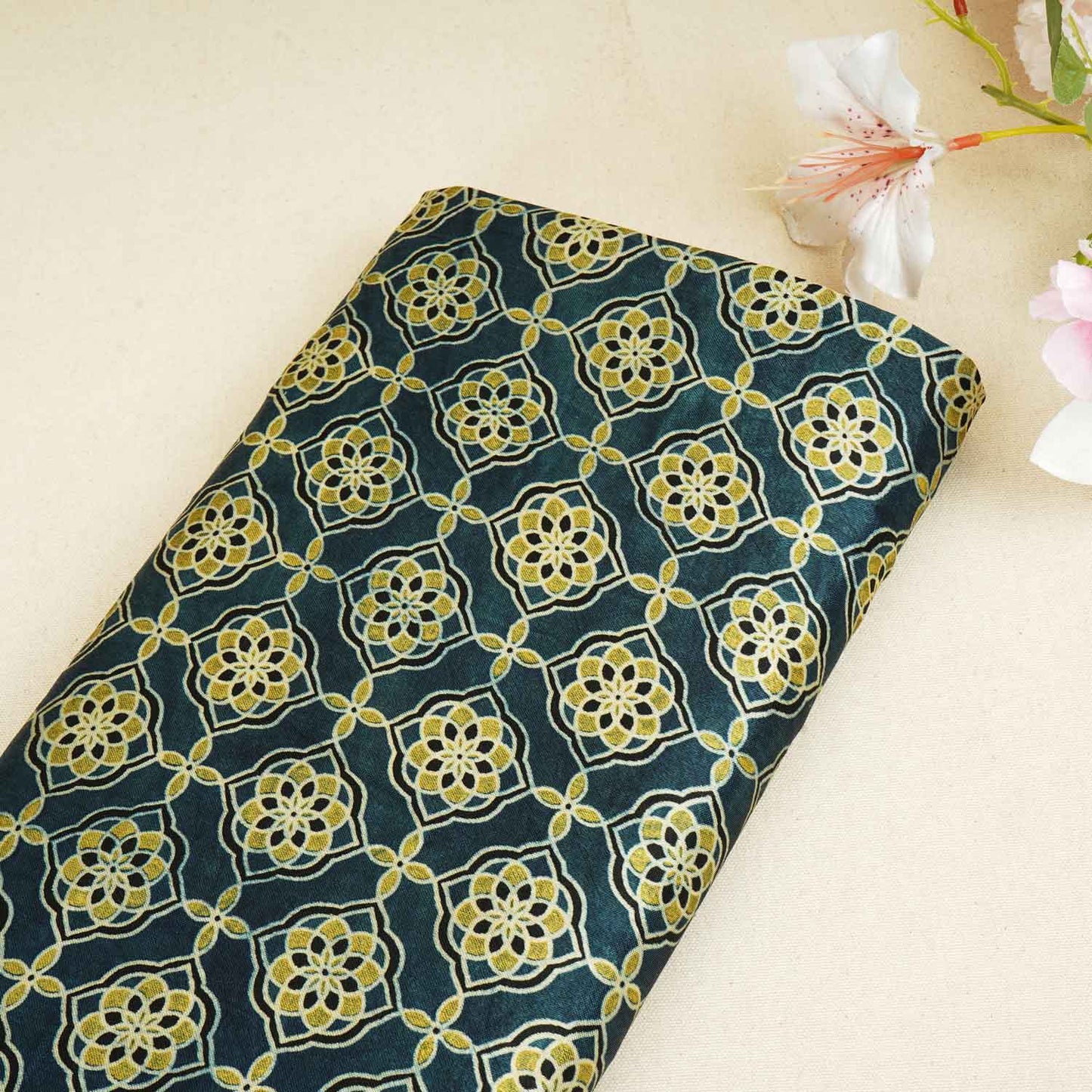 Teal Blue Floral Print Mashru Silk Fabric EEG-28315