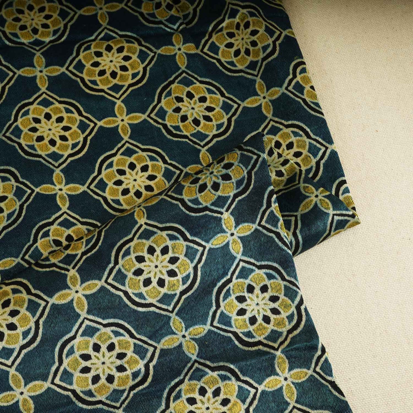 Teal Blue Floral Print Mashru Silk Fabric EEG-28315