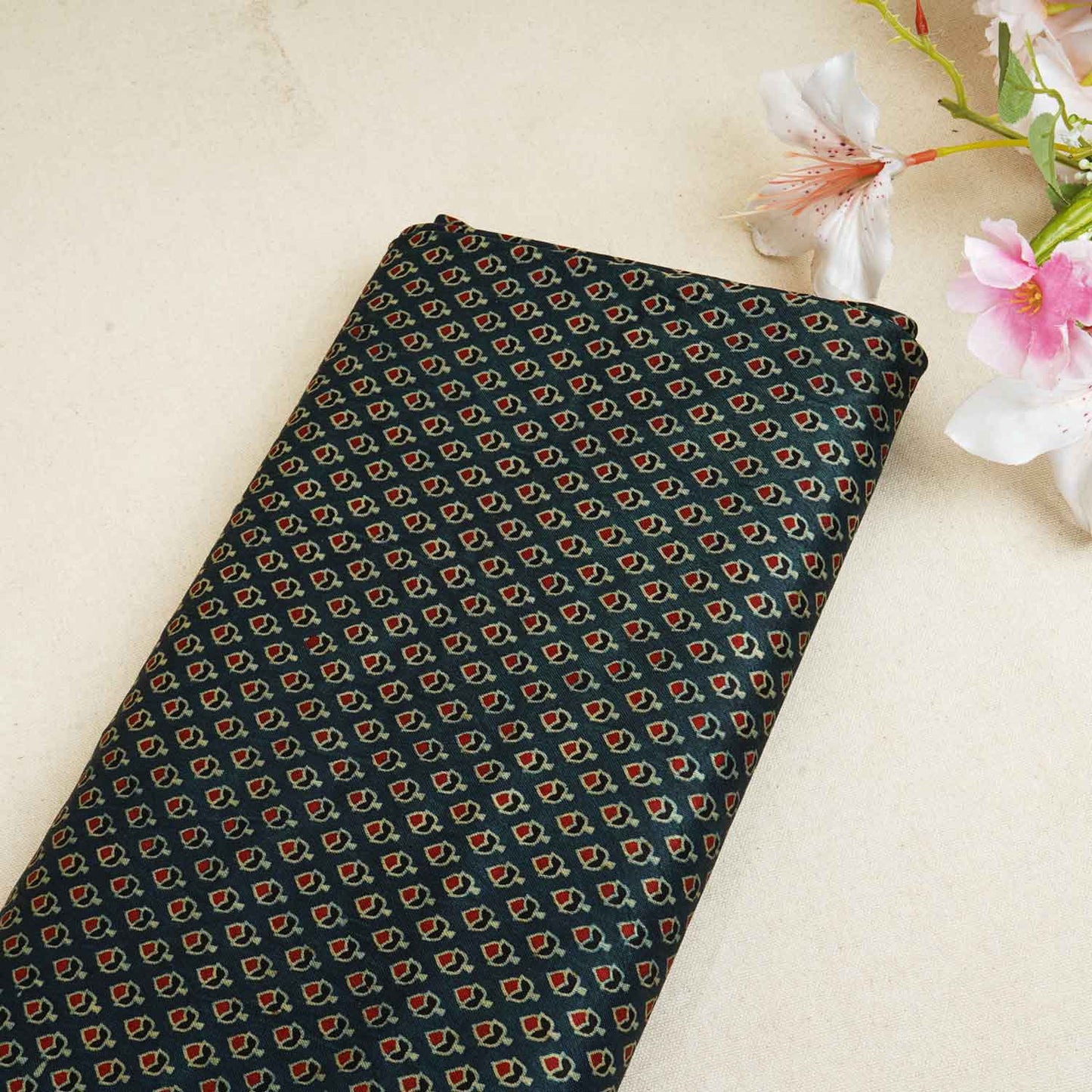 Teal Blue Floral Print Mashru Silk Fabric EEG-28316
