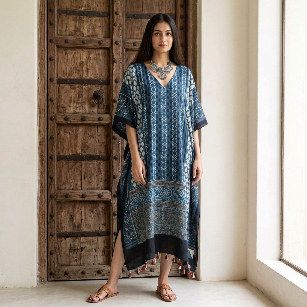 Teal Blue Ajrakh print Modal Silk Kaftan EEG-31608