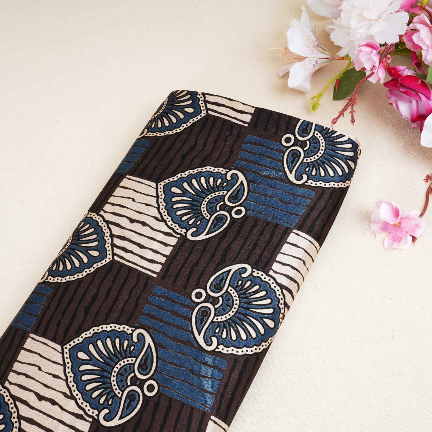 Black Floral Print Mashru Silk Fabric EEG-28319 - TradeUNO