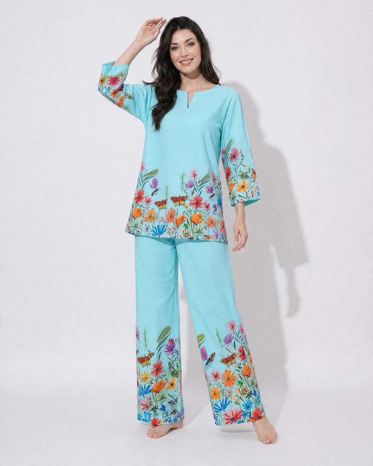 Blue floral print Cotton Cord Set SM-31914