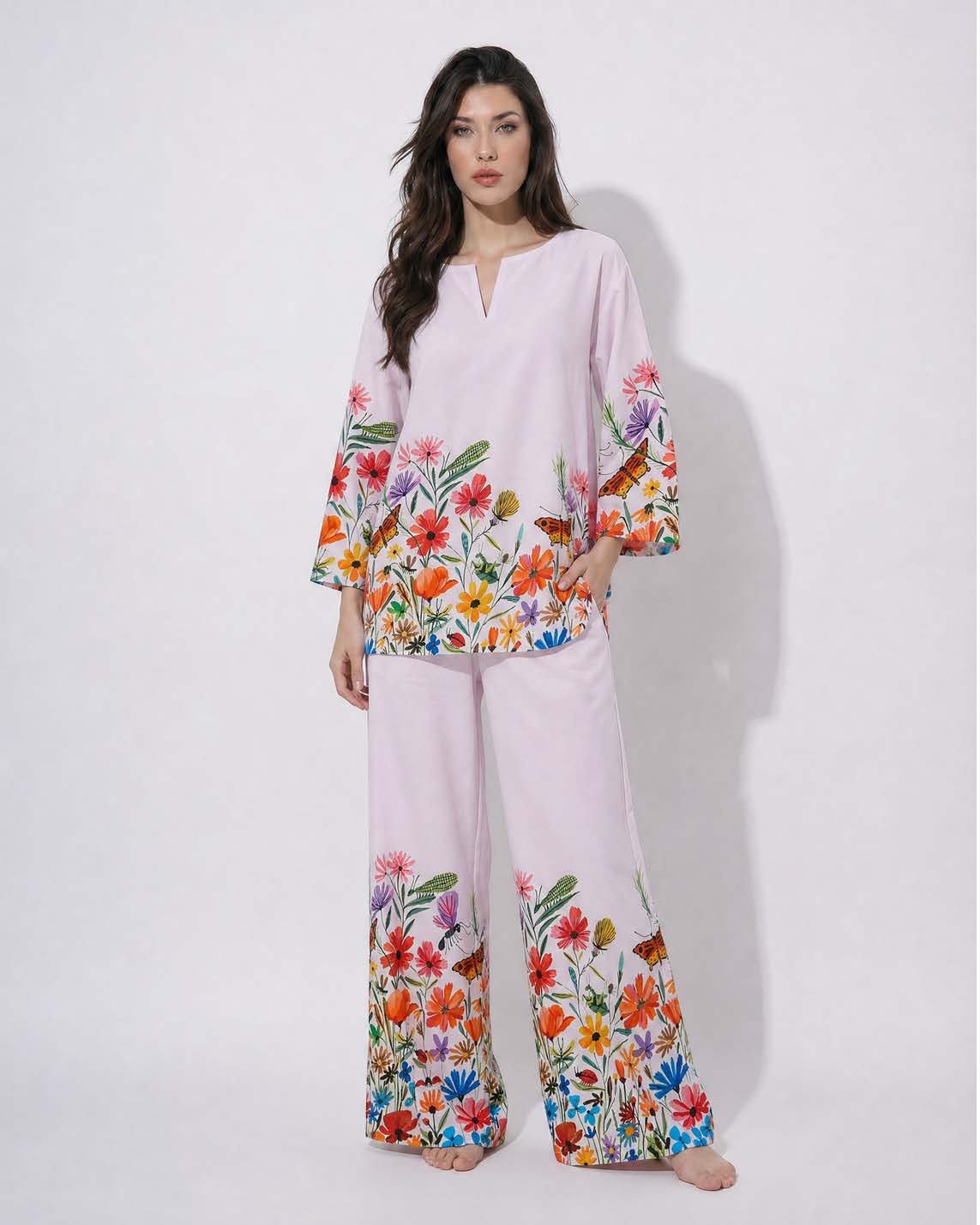 Pink floral print Cotton Cord Set SM-31916