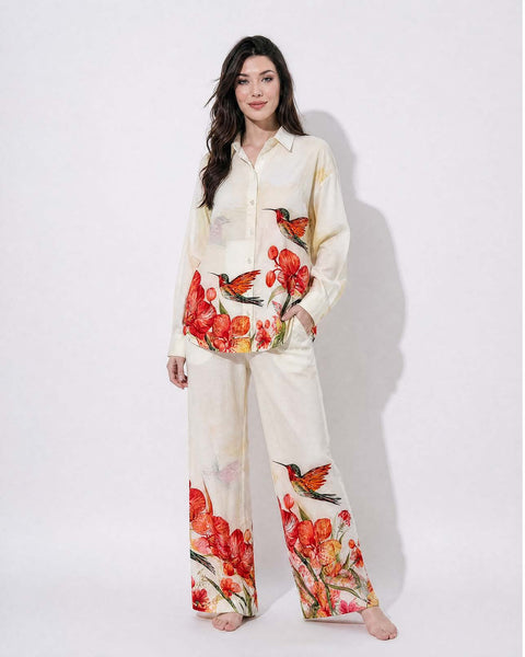 Light Yellow floral Bird print Cotton Cord Set SM-31919