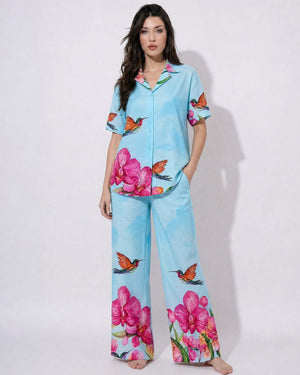 Light Blue Bird print Cotton Cord Set SM-31920 - TradeUNO