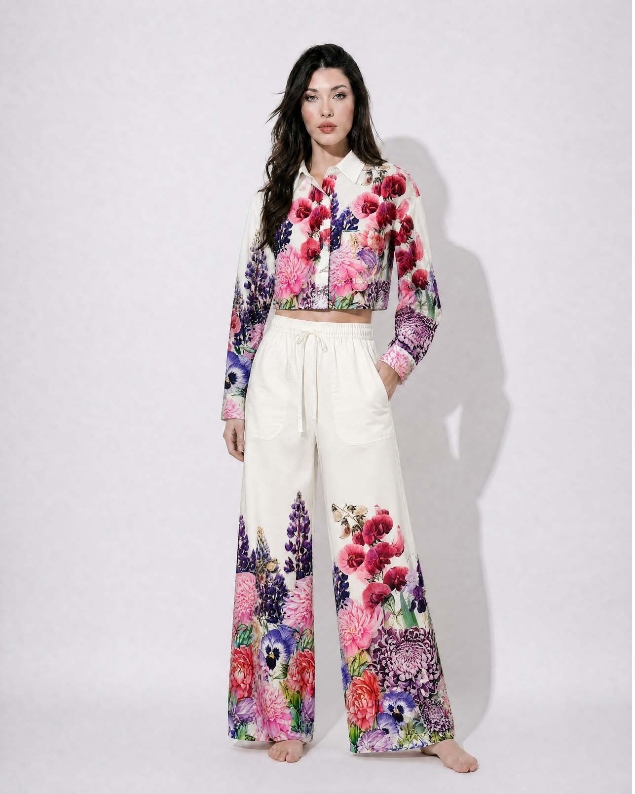 Light Yellow floral printed Cotton Cord Set SM-31922