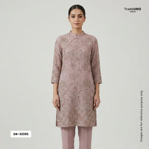 Peach Mughal Bird & Floral Jaal Embroidery Georgette Fabric DR-32392 - TradeUNO