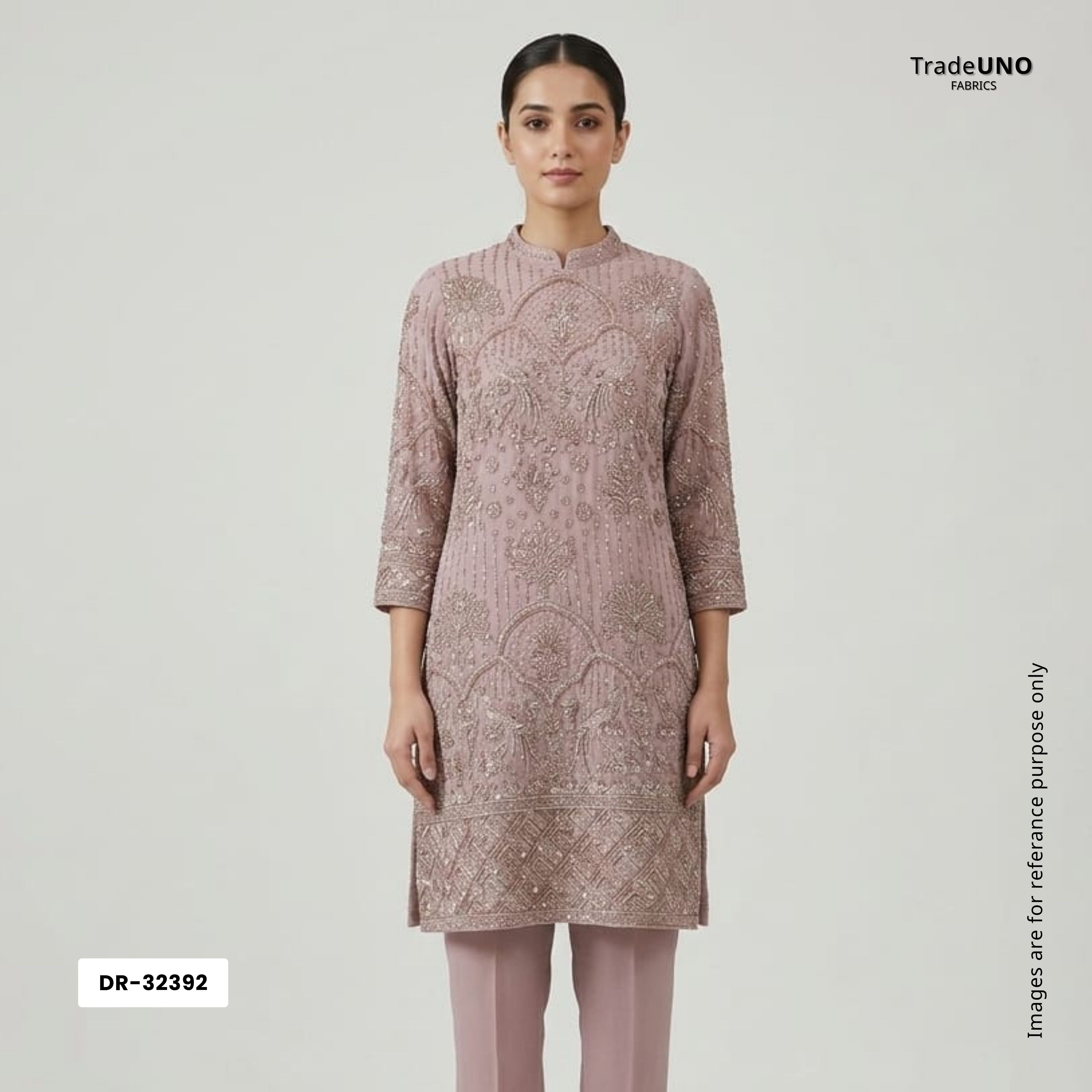 Peach Mughal Bird & Floral Jaal Embroidery Georgette Fabric DR-32392 - TradeUNO