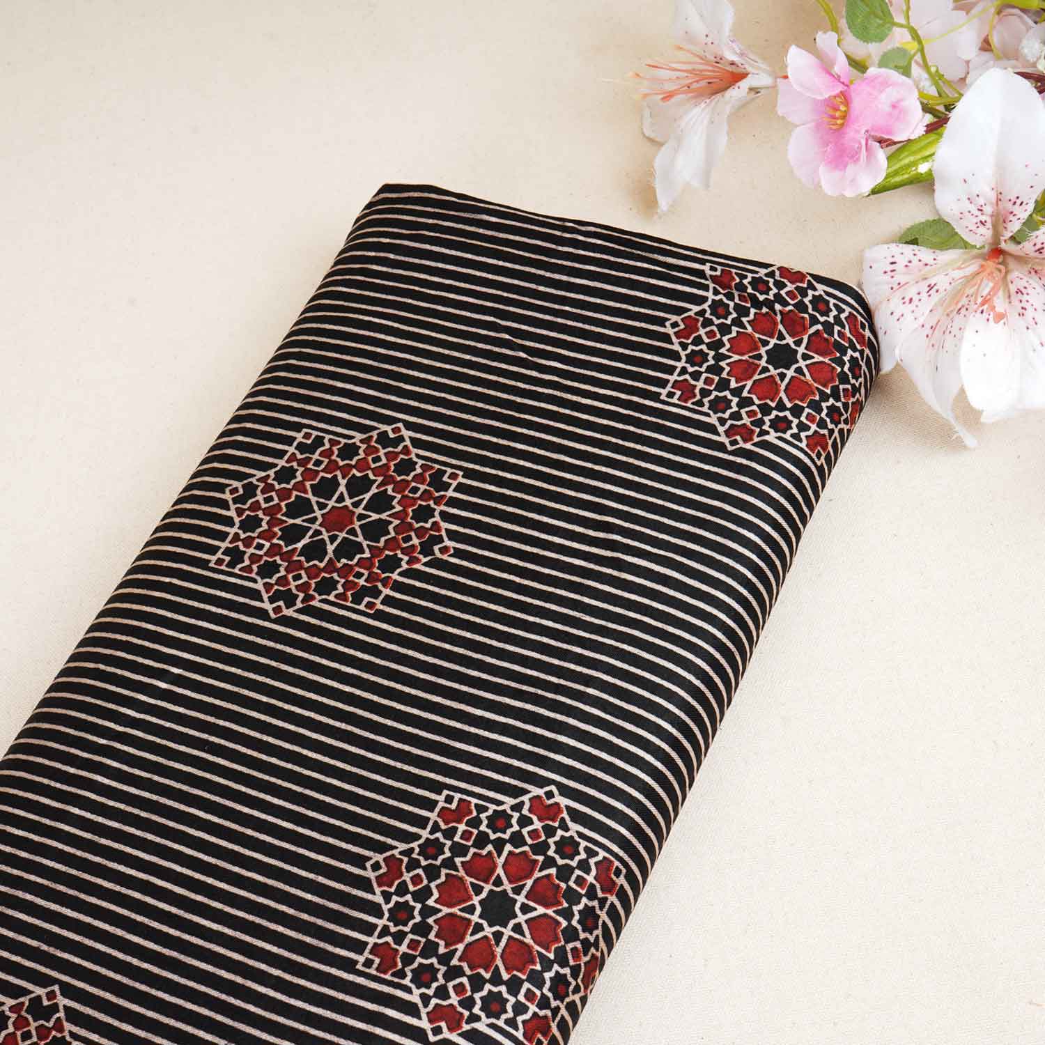 Black Abstract Strips Print Mashru Silk Fabric EEG-28322 - TradeUNO