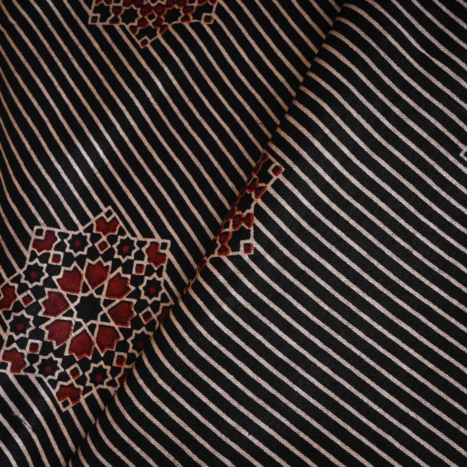 Black Abstract Strips Print Mashru Silk Fabric EEG-28322 - TradeUNO