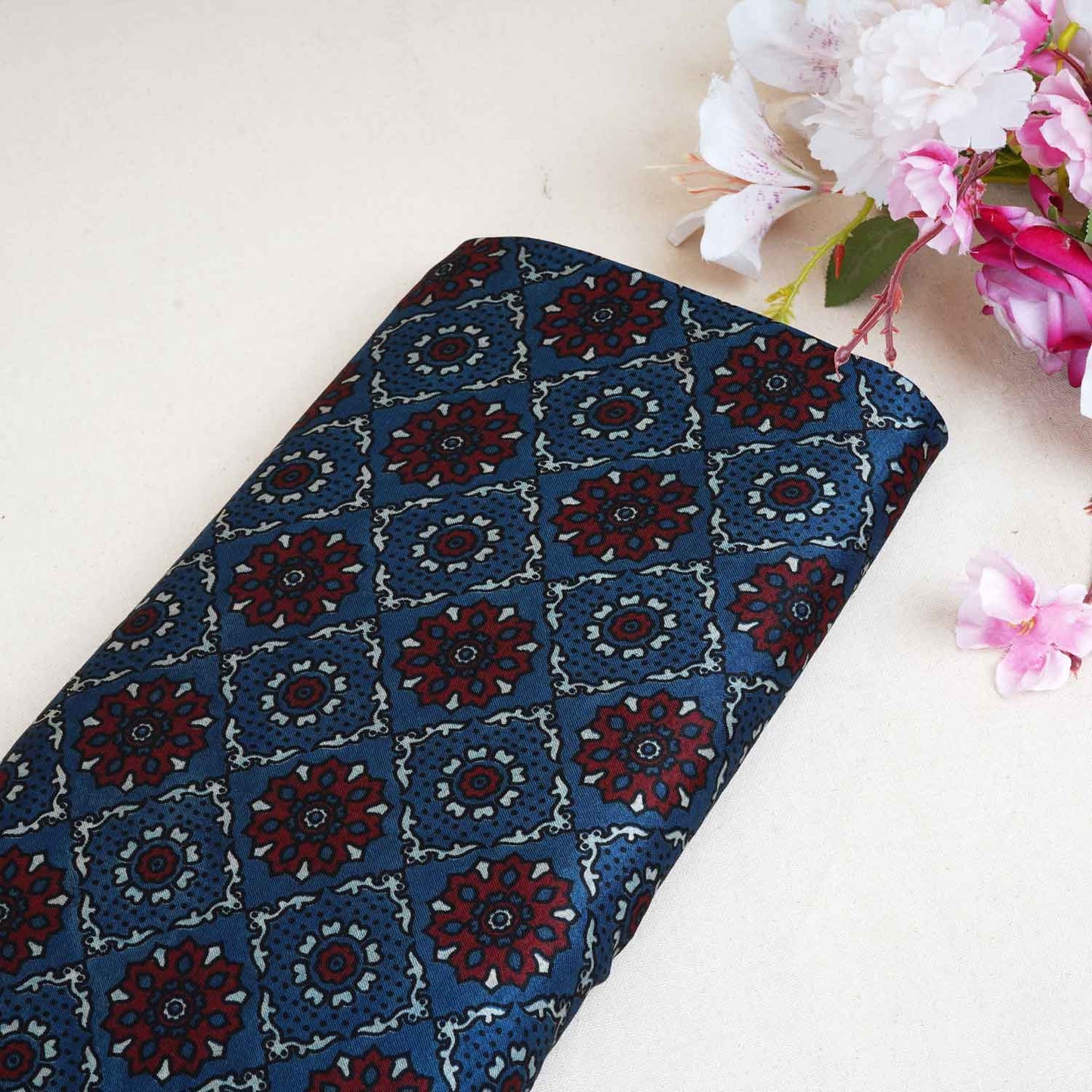 Teal Blue Ajrakh Print Mashru Silk Fabric EEG-28323