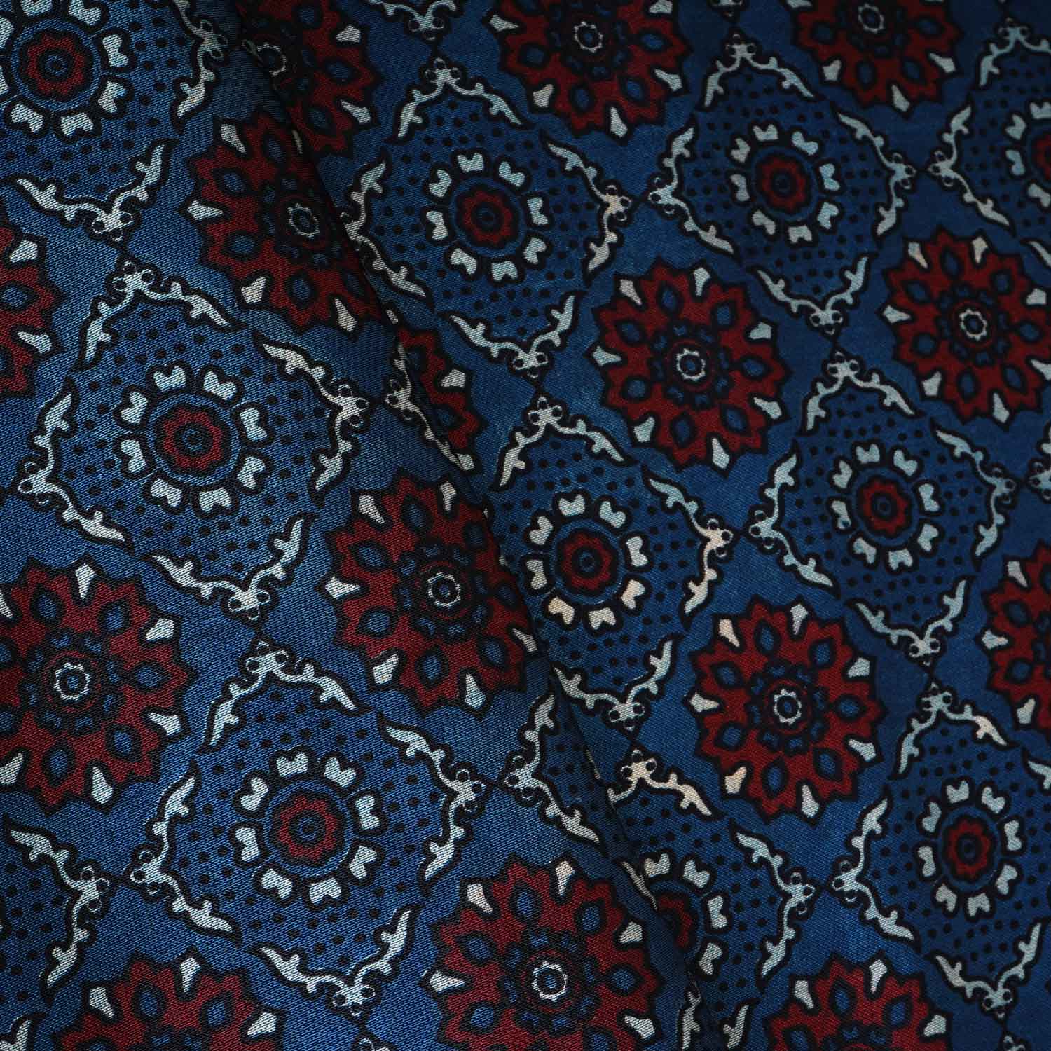 Teal Blue Ajrakh Print Mashru Silk Fabric EEG-28323 - TradeUNO