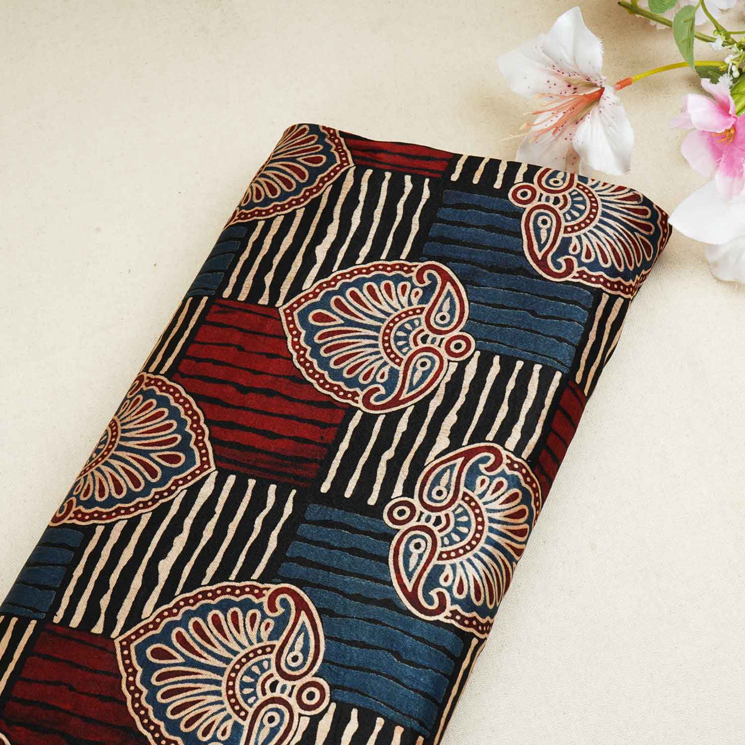 Black Floral Print Mashru Silk Fabric EEG-28324 - TradeUNO