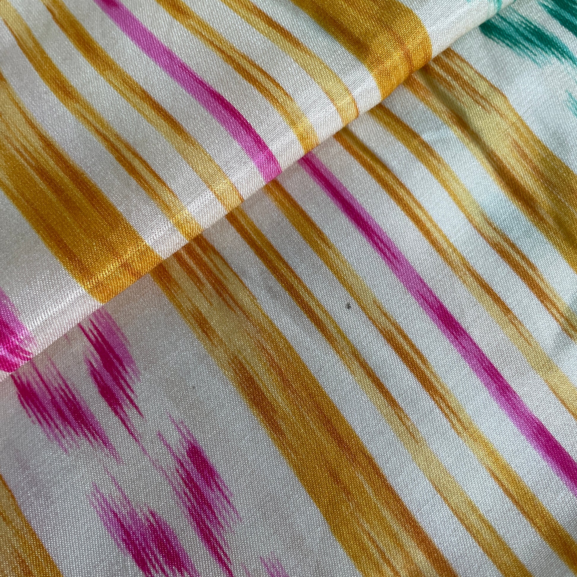 Off White Yellow Stripes Ikkat Print Bemberg Gajji Silk