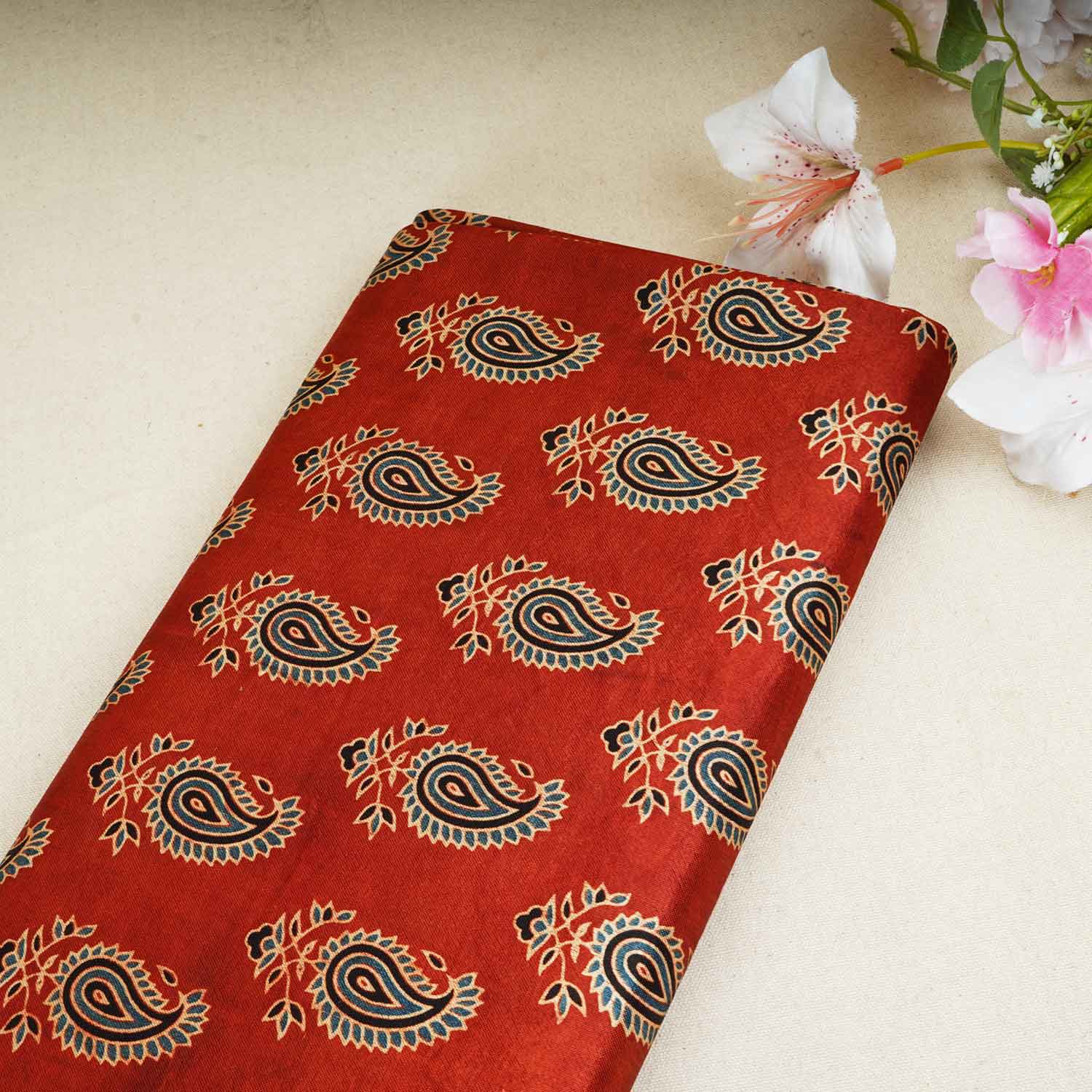Red Floral Print Mashru Silk Fabric EEG-28326 - TradeUNO