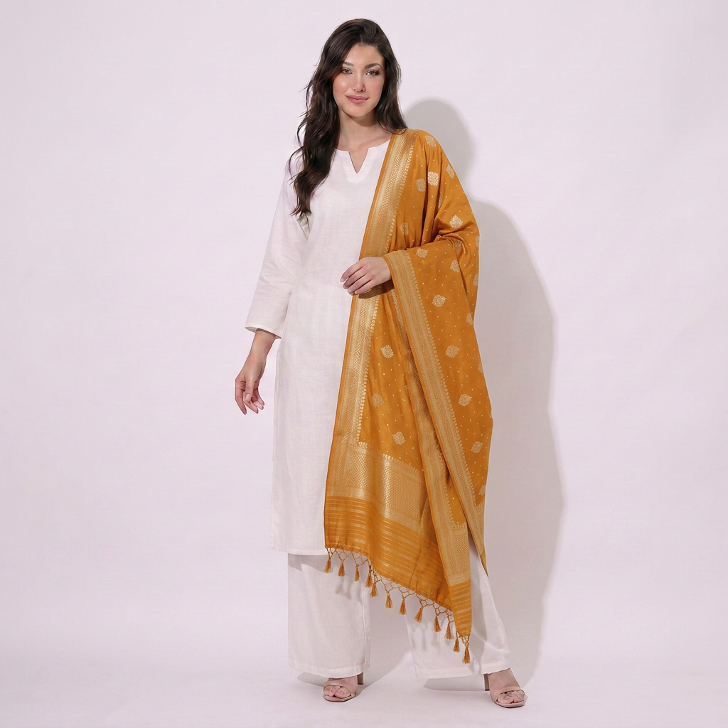 Mustard Floral Zari Buta Chiniya Silk Dupatta UF-32866