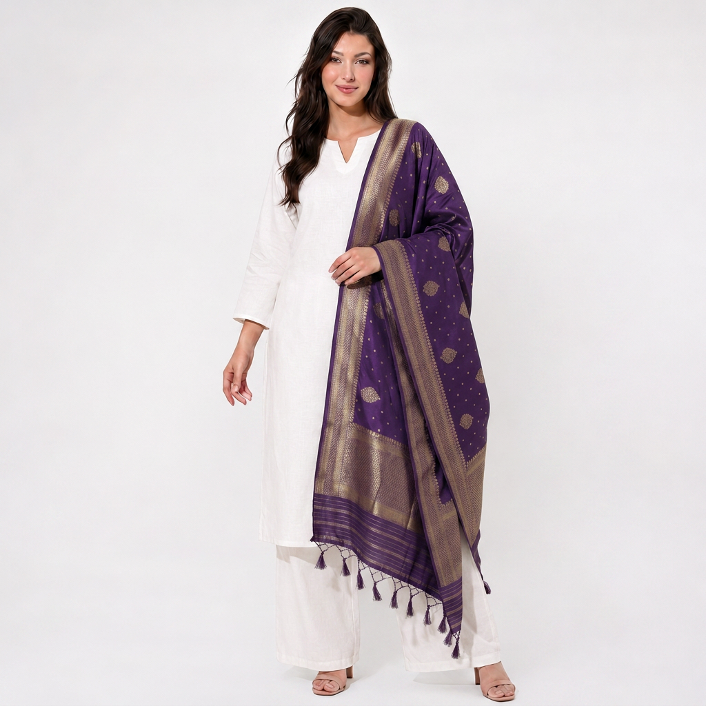 Purple Floral Zari Buta Chiniya Silk Dupatta UF-32867
