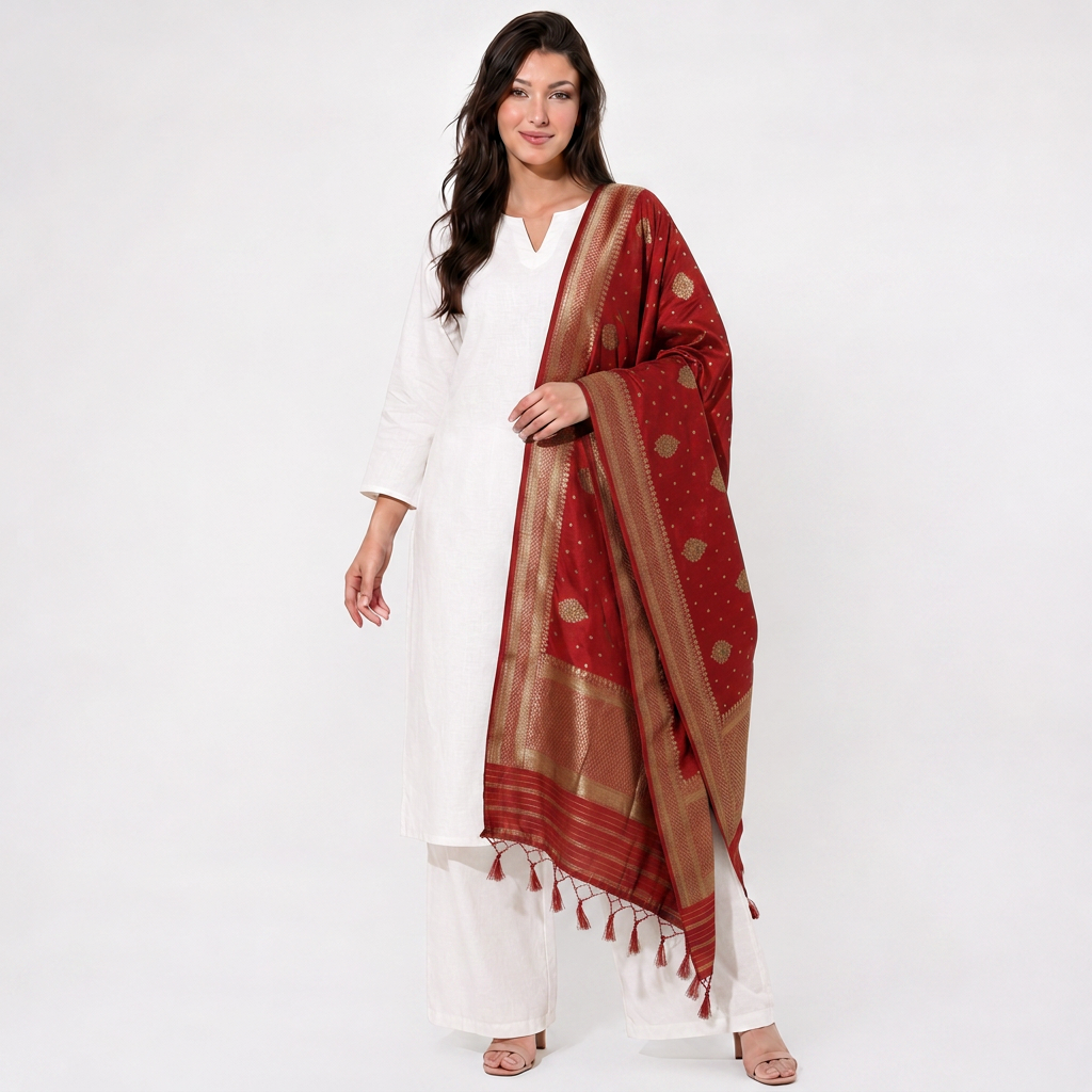 Rust Red Floral Zari Buta Chiniya Silk Dupatta UF-32868