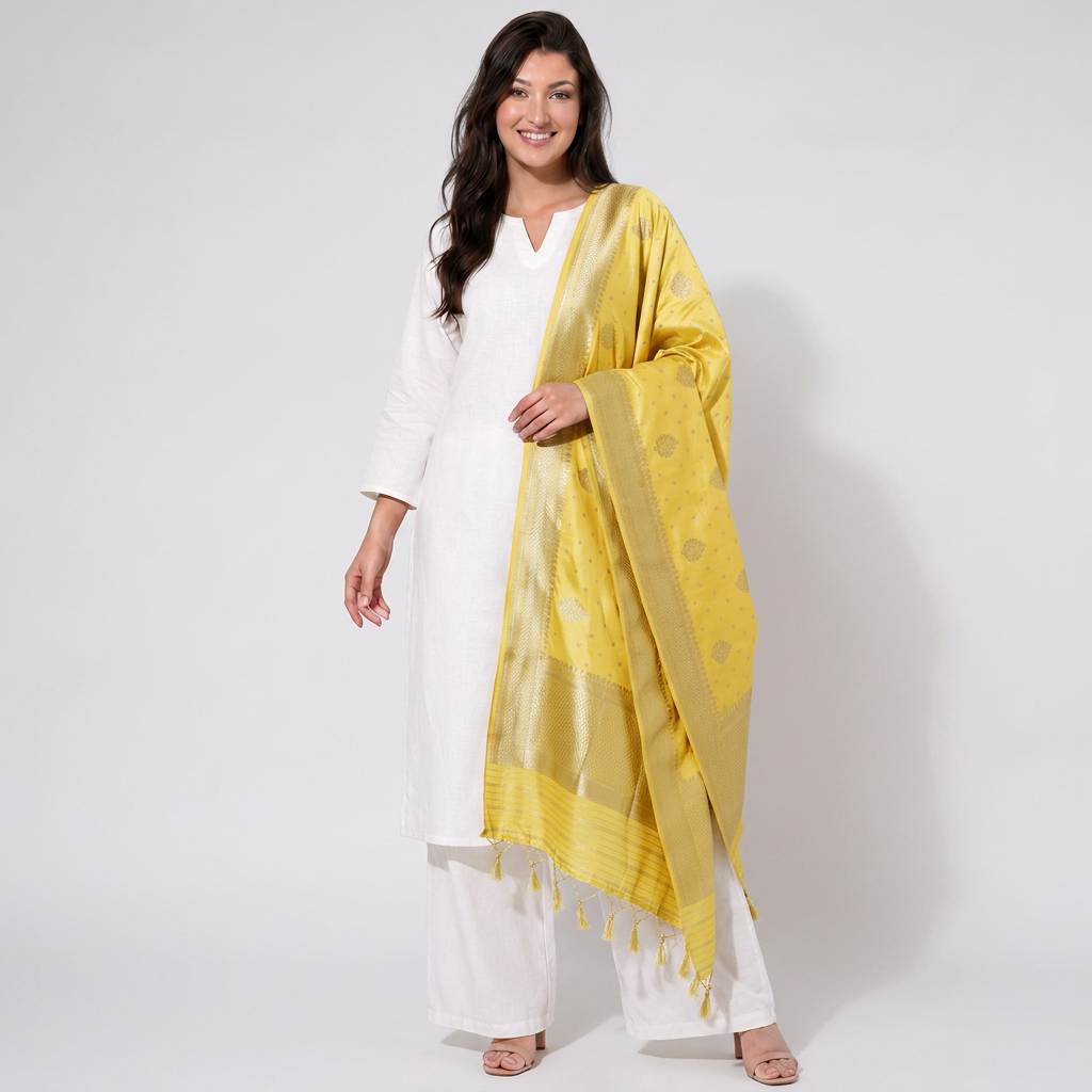 Yellow Floral Zari Buta Chiniya Silk Dupatta UF-32874
