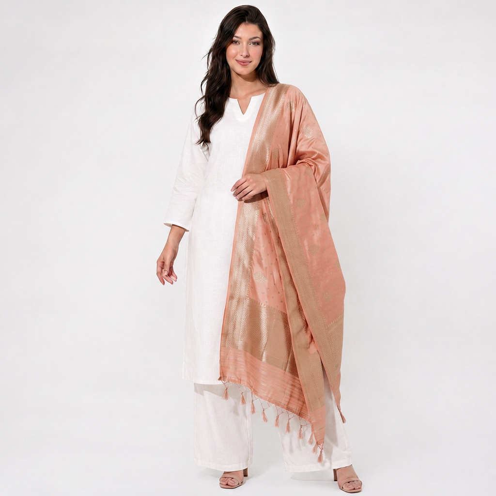 Peach Floral Zari Buta Chiniya Silk Dupatta UF-32875