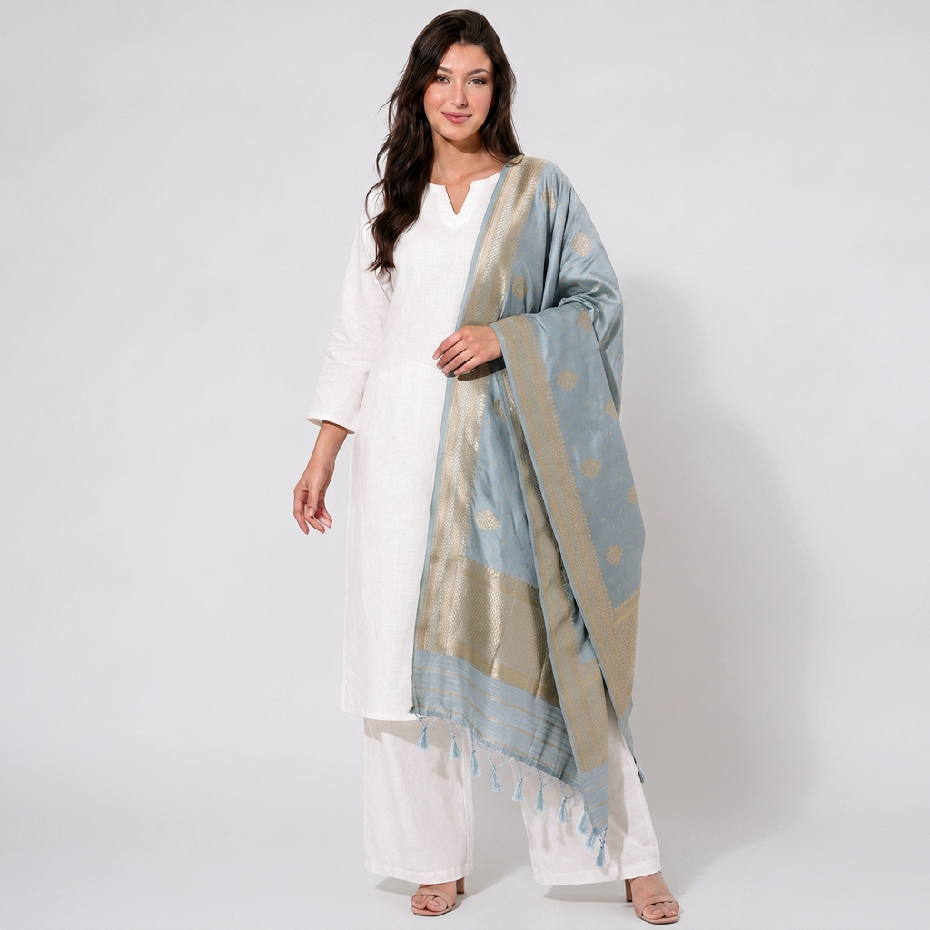 Sky Blue Floral Zari Buta Chiniya Silk Dupatta UF-32876