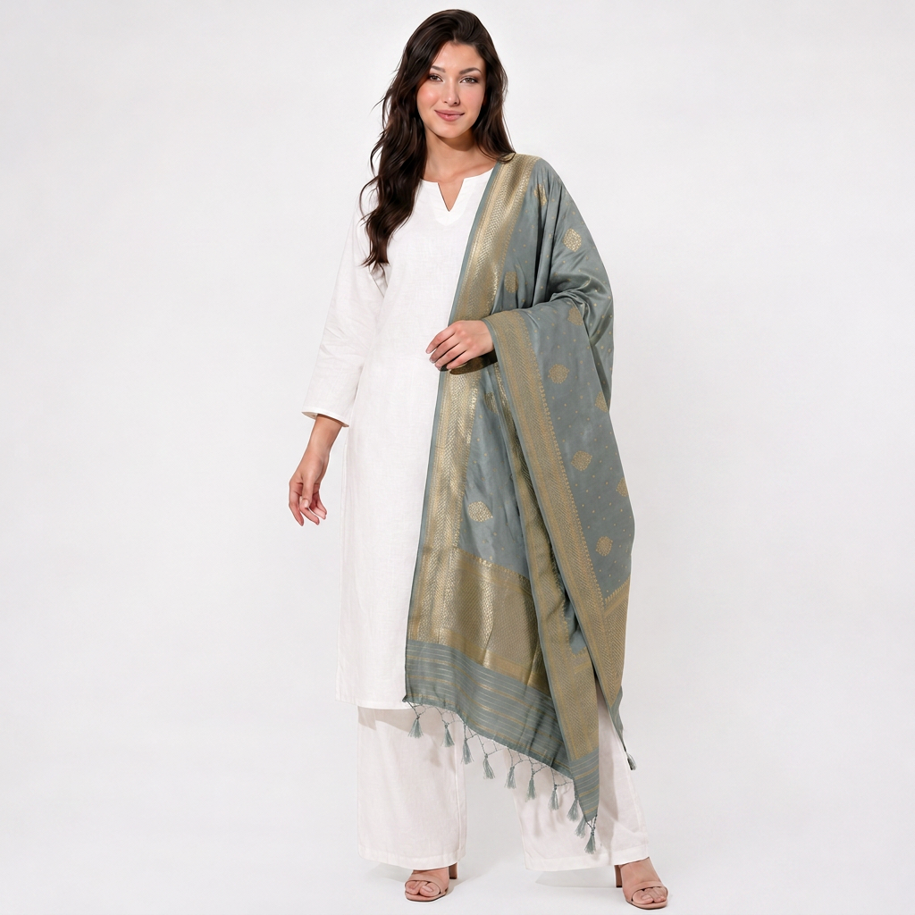 Blue Floral Zari Buta Chiniya Silk Dupatta UF-32877