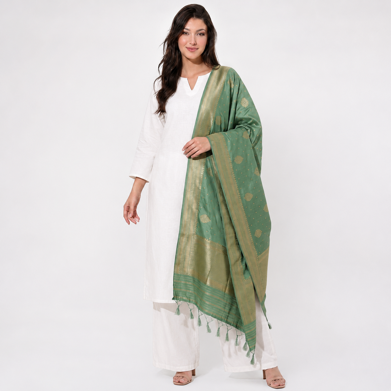 Sage Green Floral Zari Buta Chiniya Silk Dupatta UF-32878