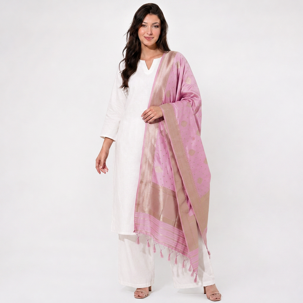 Baby Pink Floral Zari Buta Chiniya Silk Dupatta UF-32879