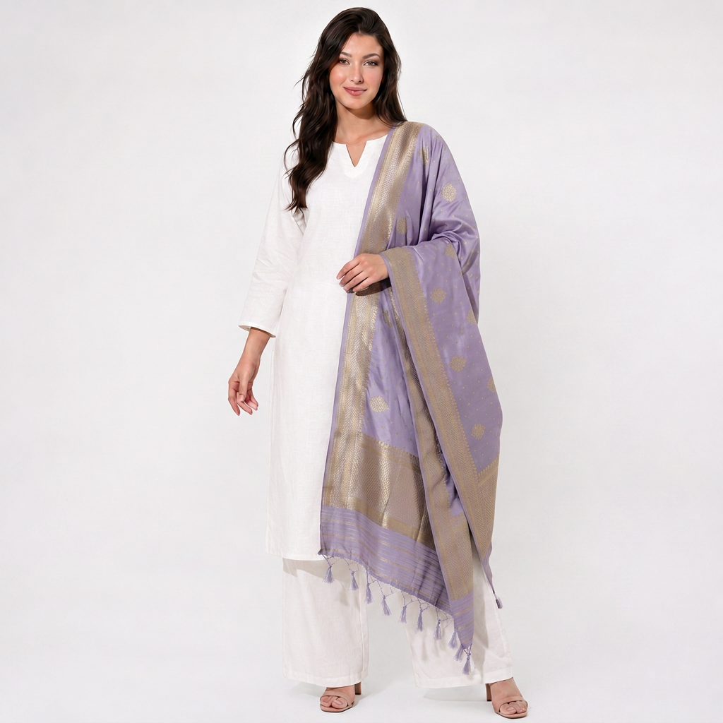 Lavender Floral Zari Buta Chiniya Silk Dupatta UF-32880