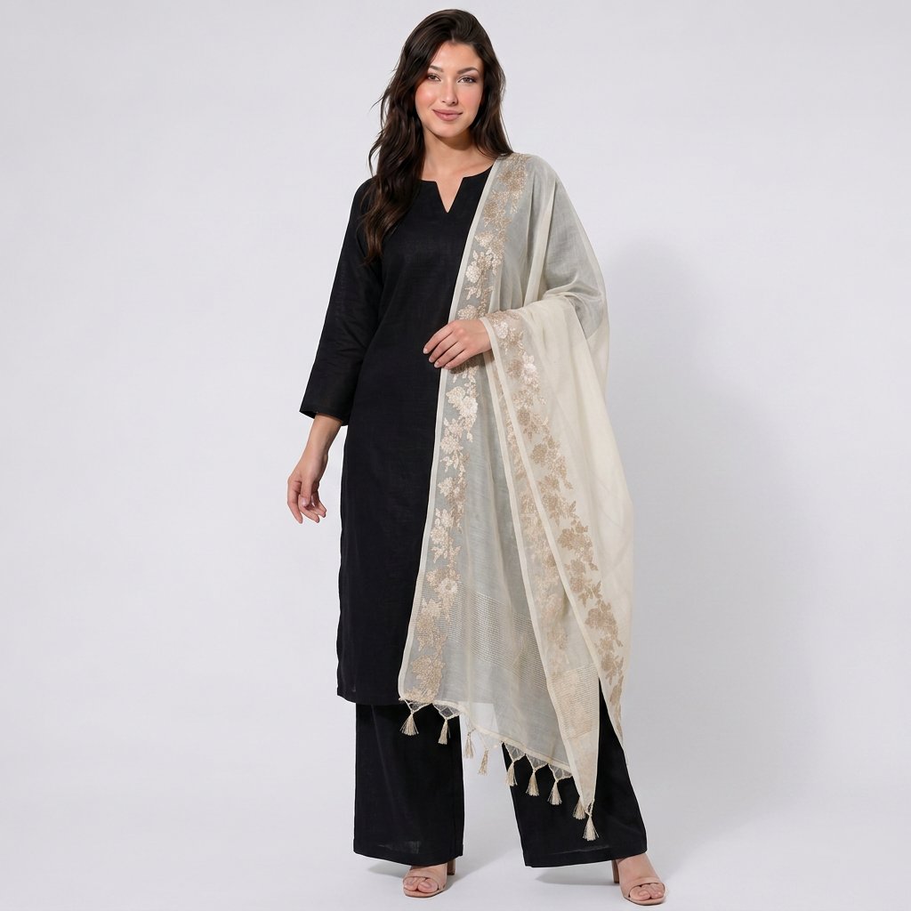 Off White Dyeable Border Pure Mul Chanderi Dupatta UF-32882
