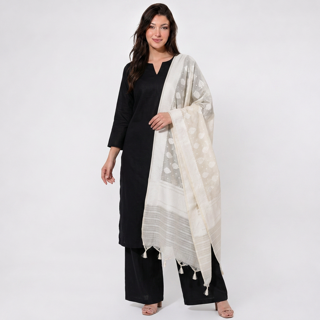 Off White Dyeable Stripes With Buti Cotton Dupatta UF-32886