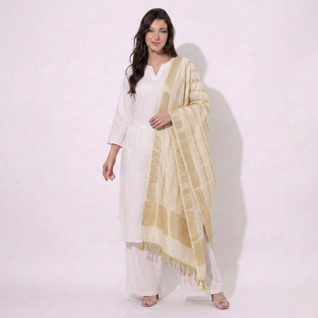 Off White Dyeable Geometrical Stripes Chiniya Silk Dupatta UF-32890